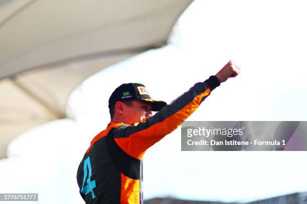 Second placed Lando Norris of Great Britain and McLaren celebrates on the podium during the F1 Grand Prix of Brazil at Autodromo Jose Carlos Pace on...