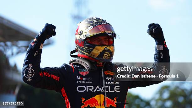 Race winner Max Verstappen of the Netherlands and Oracle Red Bull Racing celebrates in parc ferme during the F1 Grand Prix of Brazil at Autodromo...