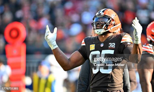 Myles Garrett of the Cleveland Browns reacts during the first quarter against the Arizona Cardinals at Cleveland Browns Stadium on November 05, 2023...