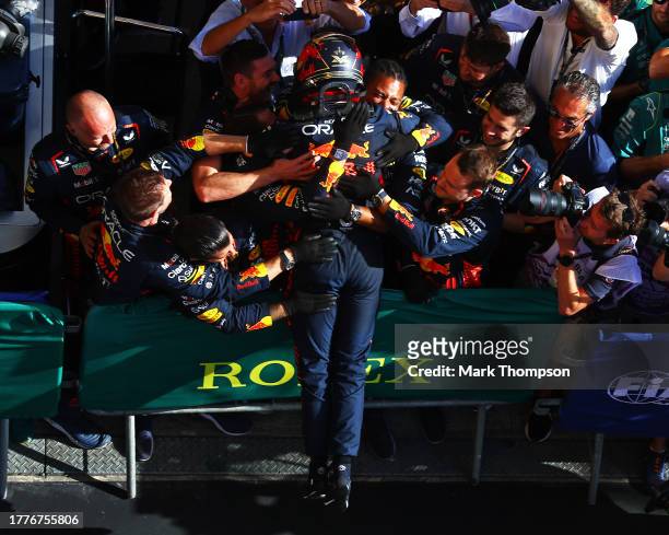 Race winner Max Verstappen of the Netherlands and Oracle Red Bull Racing celebrates in parc ferme during the F1 Grand Prix of Brazil at Autodromo...