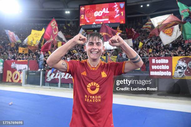 Roma player Paulo Dybala celebrates during the Serie A TIM match between AS Roma and US Lecce at Stadio Olimpico on November 05, 2023 in Rome, Italy.