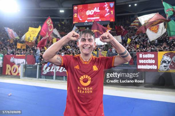 Roma player Paulo Dybala celebrates during the Serie A TIM match between AS Roma and US Lecce at Stadio Olimpico on November 05, 2023 in Rome, Italy.