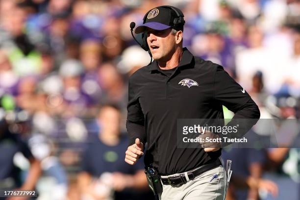 Head coach John Harbaugh of the Baltimore Ravens looks on during the first half against the Seattle Seahawks at M&T Bank Stadium on November 05, 2023...