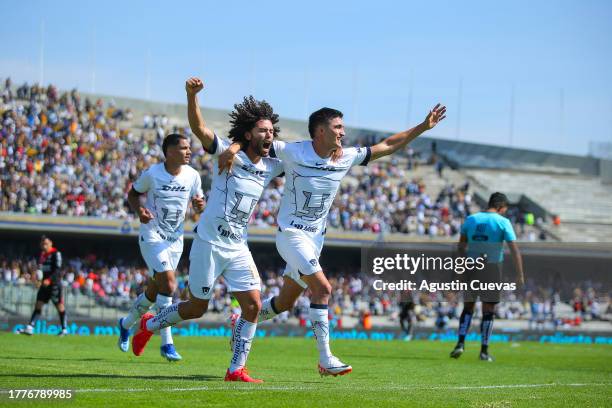 Gustavo del Prete of Pumas celebrates after scoring the team's third goal during the 16th round match between Pumas UNAM and Atlas as part of the...