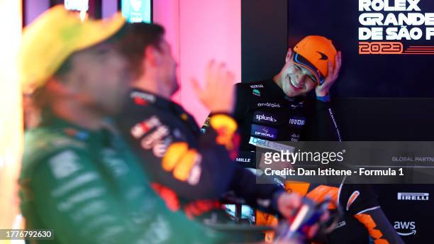Second placed Lando Norris of Great Britain and McLaren looks on in the drivers cool down room prior to the podium celebrations during the F1 Grand...
