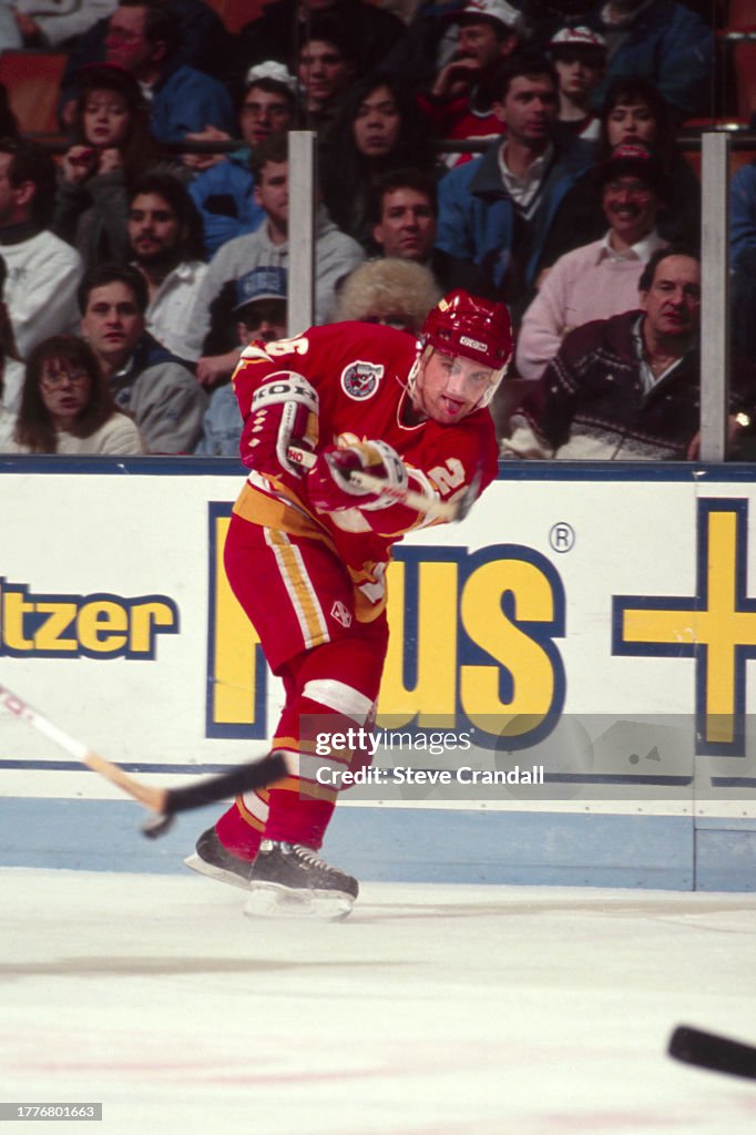 Robert Riehl Calgary Flames forward, Robert Reichel, fires a cross ice pass during ...