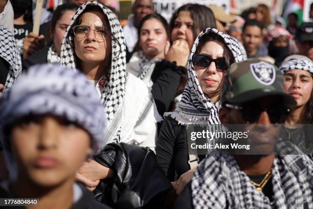 Protesters gather at the Freedom Plaza during the National March on Washington for Palestine while calling for a ceasefire between Israel and Hamas...