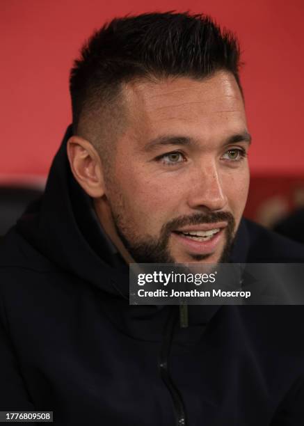 Francesco Farioli Head coach of OGC Nice looks on prior to kick off in the Ligue 1 Uber Eats match between OGC Nice and Stade Rennais FC at Allianz...