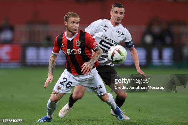 Melvin Bard of OGC Nice and Benjamin Bourigeaud of Stade Rennais FC during the Ligue 1 Uber Eats match between OGC Nice and Stade Rennais FC at...