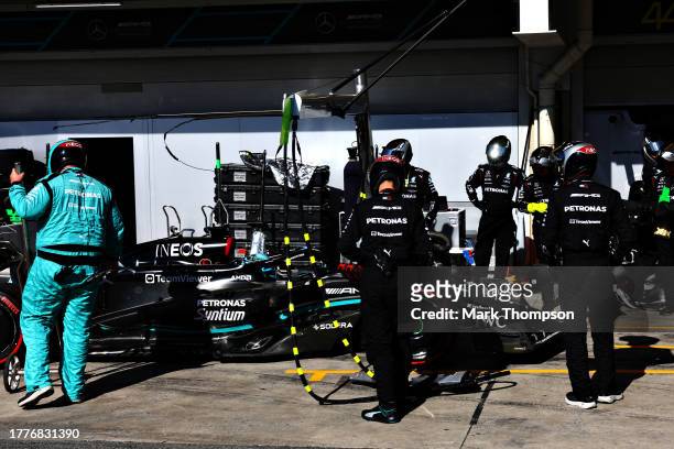 George Russell of Great Britain driving the Mercedes AMG Petronas F1 Team W14 retires from the race during the F1 Grand Prix of Brazil at Autodromo...