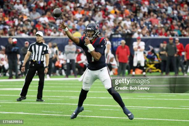 Stroud of the Houston Texans throws a pass in the third quarter of a game against the Tampa Bay Buccaneers at NRG Stadium on November 05, 2023 in...