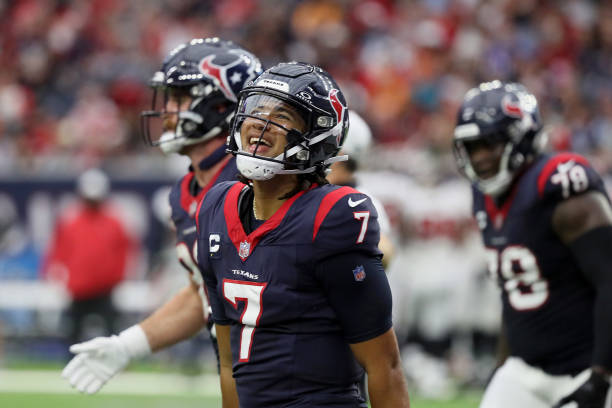 Stroud of the Houston Texans reacts after a two-point conversion in the fourth quarter of the game against the Tampa Bay Buccaneers at NRG Stadium in...
