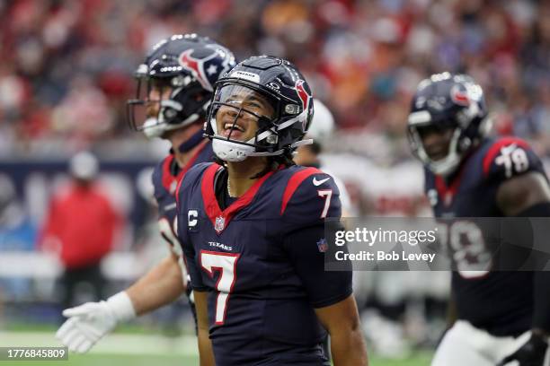 Stroud of the Houston Texans reacts after a two-point conversion in the fourth quarter of a game against the Tampa Bay Buccaneers at NRG Stadium on...