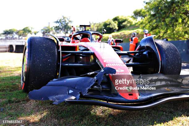 The broken car of Charles Leclerc of Monaco and Ferrari is pictured after he crashed out of the race on the formation lap during the F1 Grand Prix of...