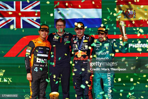 Second placed, Lando Norris of Great Britain and McLaren, Jeff Calam, Senior Projects Engineer at Red Bull Racing, Race winner, Max Verstappen of the...