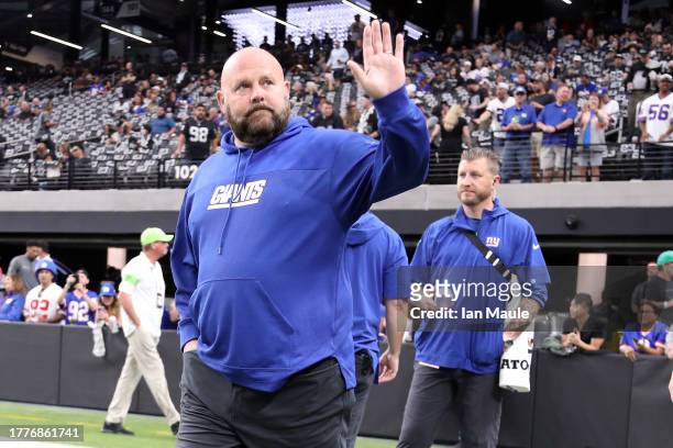 Head Coach Brian Daboll of the New York Giants takes the field before a game against the Las Vegas Raiders at Allegiant Stadium on November 05, 2023...