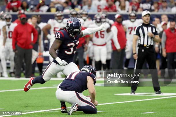 Dare Ogunbowale of the Houston Texans kicks a field goal in the fourth quarter of a game against the Tampa Bay Buccaneers at NRG Stadium on November...