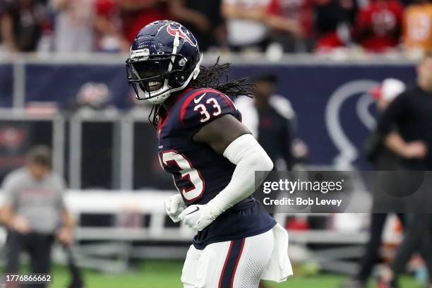 Dare Ogunbowale of the Houston Texans reacts after kicking a field goal in the fourth quarter of a game against the Tampa Bay Buccaneers at NRG...