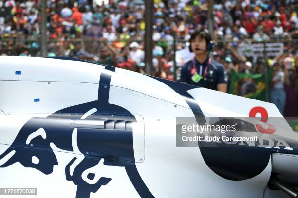 The car of Daniel Ricciardo of Australia and Scuderia AlphaTauri is pictured on the grid prior to the F1 Grand Prix of Brazil at Autodromo Jose...