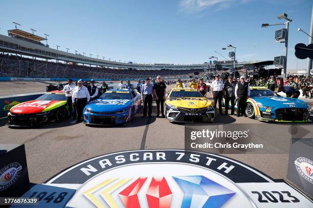 Cup Series Championship 4 team owners, Rick Hendrick of Hendrick Motorsport, Joe Gibbs of Joe Gibbs Racing and Roger Penske of Team Penske pose for...