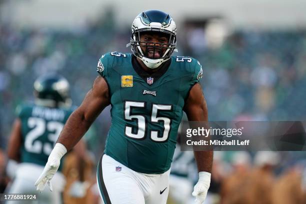 Brandon Graham of the Philadelphia Eagles warms up prior to a game against the Dallas Cowboys at Lincoln Financial Field on November 05, 2023 in...