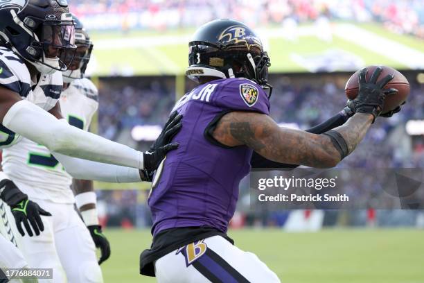 Odell Beckham Jr. #3 of the Baltimore Ravens catches a pass for a touchdown against the Seattle Seahawks during the fourth quarter of the game at M&T...
