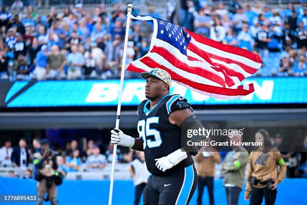 Derrick Brown of the Carolina Panthers walks onto the field before the game against the Indianapolis Colts at Bank of America Stadium on November 05,...