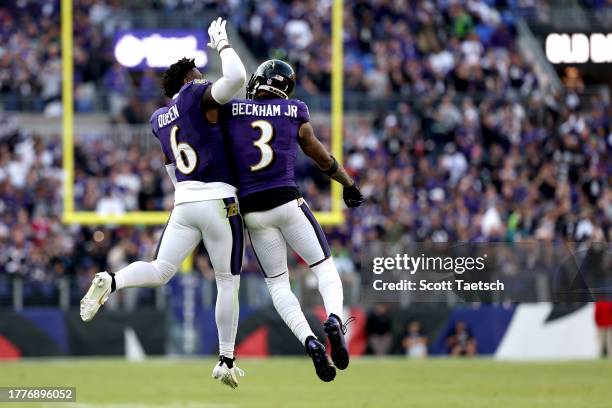 Odell Beckham Jr. #3 of the Baltimore Ravens celebrates after a touchdown with Patrick Queen during the fourth quarter in the game against the...