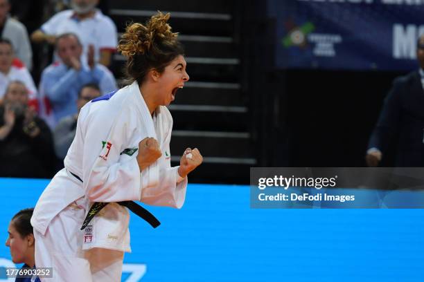 Patricia Sampalo of Portugal celebrates during her battle against Guuseje Steenhuis of Netherlands in the battle for bronze in the -78kg category...