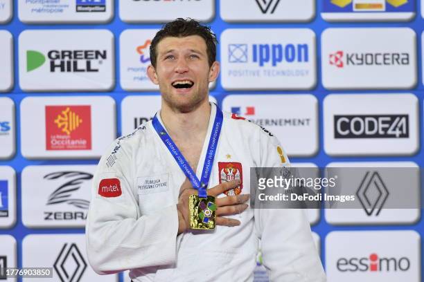 Nemanja Majdov of Serbia smiles in the medal ceremony of the -90kg category during the European Judo Championships Seniors Montpellier 2023 at Sud de...