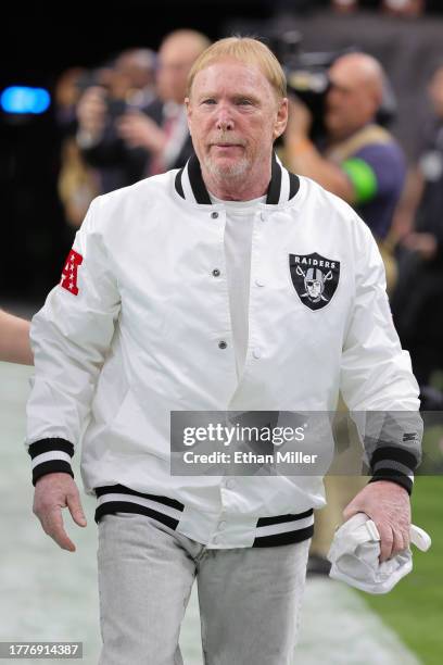 Owner and managing general partner Mark Davis of the Las Vegas Raiders walks the sideline ahead of a game against the New York Giants at Allegiant...