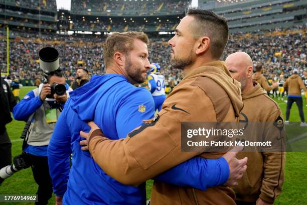 Head coach Matt LaFleur of the Green Bay Packers greets Head coach Sean McVay of the Los Angeles Rams after a game at Lambeau Field on November 05,...