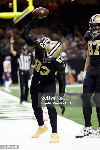 Juwan Johnson of the New Orleans Saints celebrates after scoring a touchdown against the Chicago Bears during the fourth quarter at Caesars Superdome...