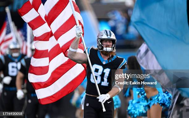 Hayden Hurst of the Carolina Panthers walks onto the field before the game against the Indianapolis Colts at Bank of America Stadium on November 05,...