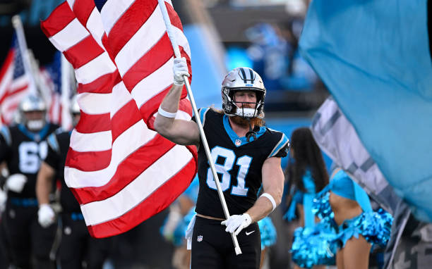 Hayden Hurst of the Carolina Panthers walks onto the field before the game against the Indianapolis Colts at Bank of America Stadium on November 05,...