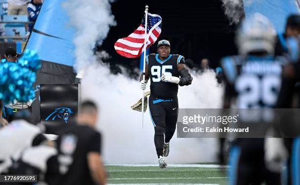Derrick Brown of the Carolina Panthers walks onto the field before the game against the Indianapolis Colts at Bank of America Stadium on November 05,...