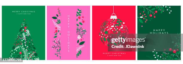 illustrazioni stock, clip art, cartoni animati e icone di tendenza di set di modelli di design per biglietti di auguri di buon natale, felice anno nuovo e felice in colori vivaci con rami e fiori disegnati a mano - christmas card