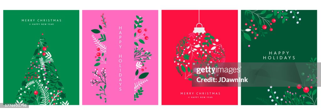 Set of Merry Christmas, Happy New Year and Happy Greeting card design templates in vibrant colors with hand drawn branches and florals
