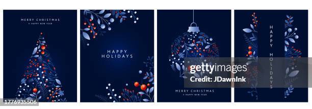 set of merry christmas, happy new year and happy greeting card design templates in dark blue with hand drawn branches and florals - happy holidays background stock illustrations