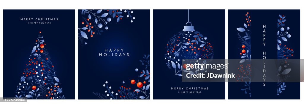 Set of Merry Christmas, Happy New Year and Happy Greeting card design templates in dark blue with hand drawn branches and florals
