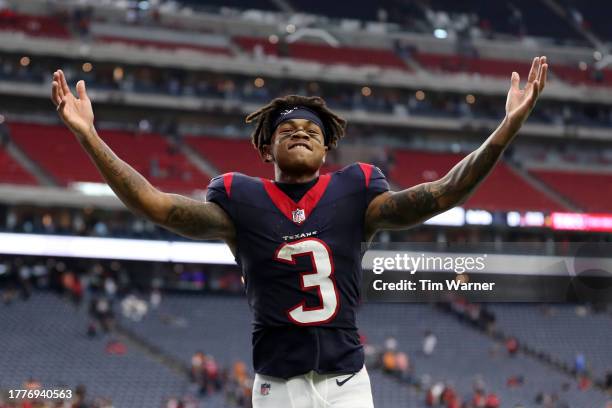 Tank Dell of the Houston Texans celebrates after the Texans defeated the Tampa Bay Buccaneers, 39-37, at NRG Stadium on November 05, 2023 in Houston,...