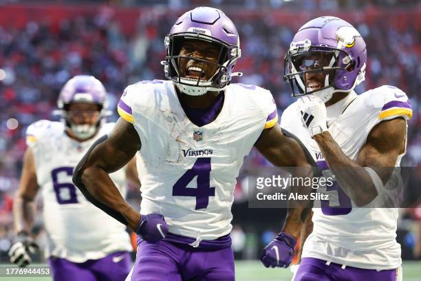 Brandon Powell of the Minnesota Vikings celebrates after scoring the game winning touchdown during the fourth quarter of the game against the Atlanta...