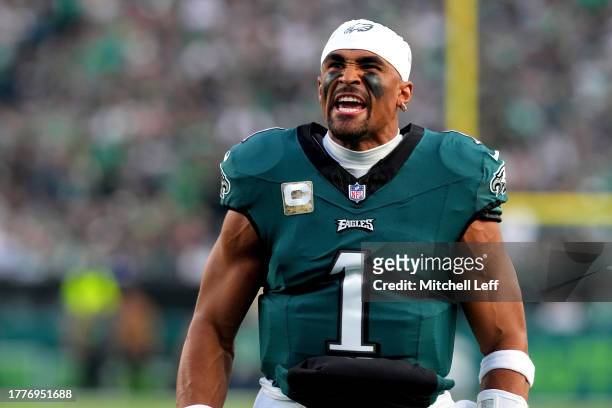 Jalen Hurts of the Philadelphia Eagles reacts prior to the game against the Dallas Cowboys at Lincoln Financial Field on November 05, 2023 in...