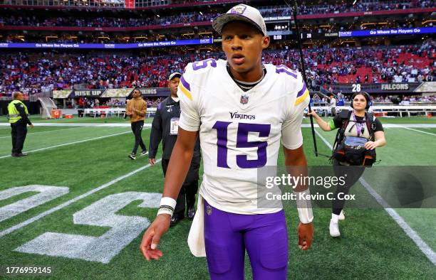 Joshua Dobbs of the Minnesota Vikings walks off the field after defeating the Atlanta Falcons at Mercedes-Benz Stadium on November 05, 2023 in...