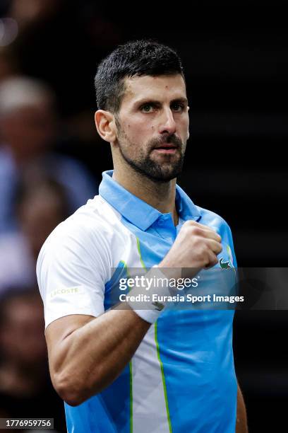 Novak Djokovic of Serbia celebrates after winning Andrey Rublev during Rolex Paris Masters Semi Finals on Day Six at Palais Omnisports de Bercy on...