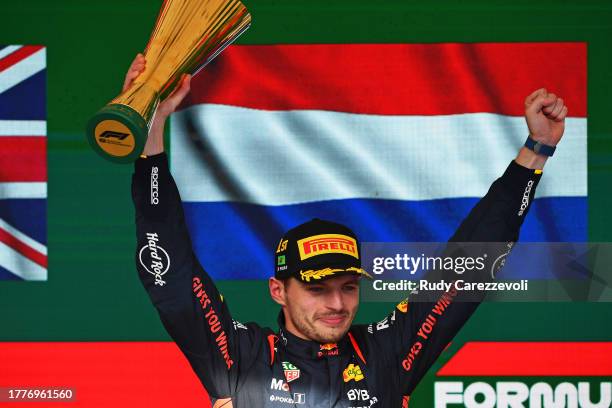 Race winner Max Verstappen of the Netherlands and Oracle Red Bull Racing celebrates on the podium during the F1 Grand Prix of Brazil at Autodromo...