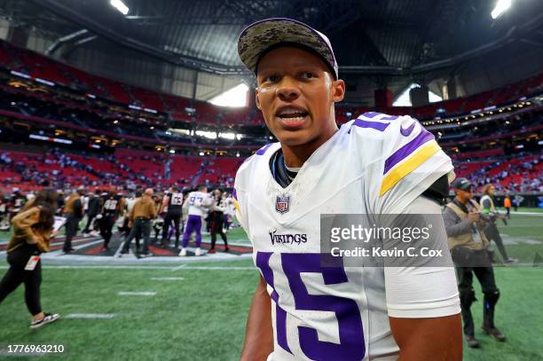 Joshua Dobbs of the Minnesota Vikings looks on after the game against the Atlanta Falcons at Mercedes-Benz Stadium on November 05, 2023 in Atlanta,...