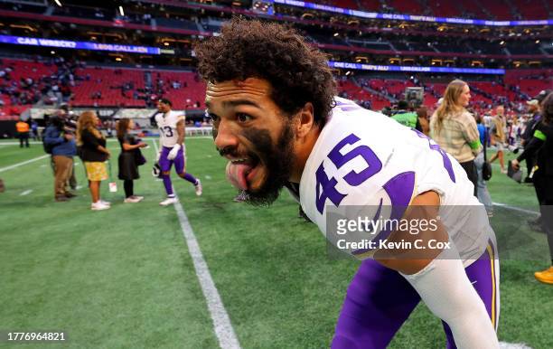 Troy Dye of the Minnesota Vikings celebrates after winning the game against the Atlanta Falcons at Mercedes-Benz Stadium on November 05, 2023 in...