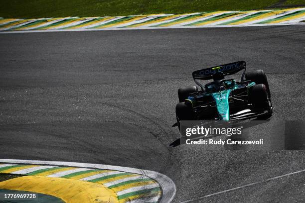 Fernando Alonso of Spain driving the Aston Martin AMR23 Mercedes on track during the F1 Grand Prix of Brazil at Autodromo Jose Carlos Pace on...