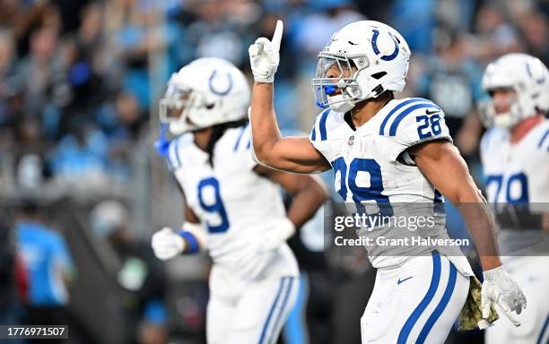 Jonathan Taylor of the Indianapolis Colts celebrates after scoring a touchdown during the second quarter of the game against the Carolina Panthers at...